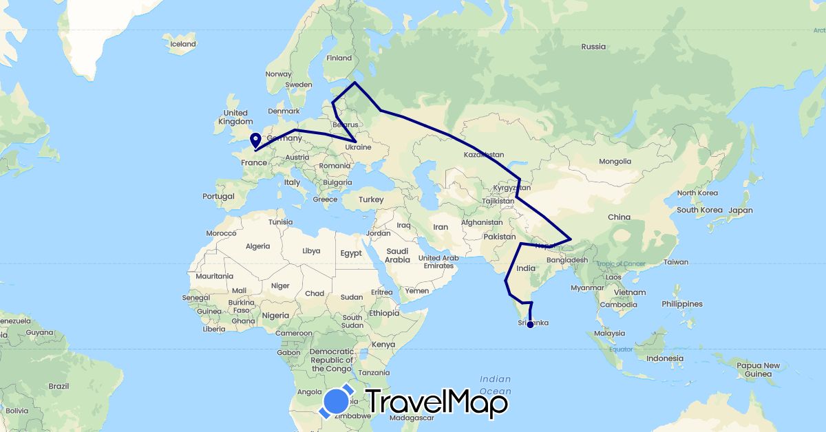 TravelMap itinerary: driving in China, Germany, France, India, Kazakhstan, Sri Lanka, Lithuania, Latvia, Malta, Russia, Ukraine (Asia, Europe)